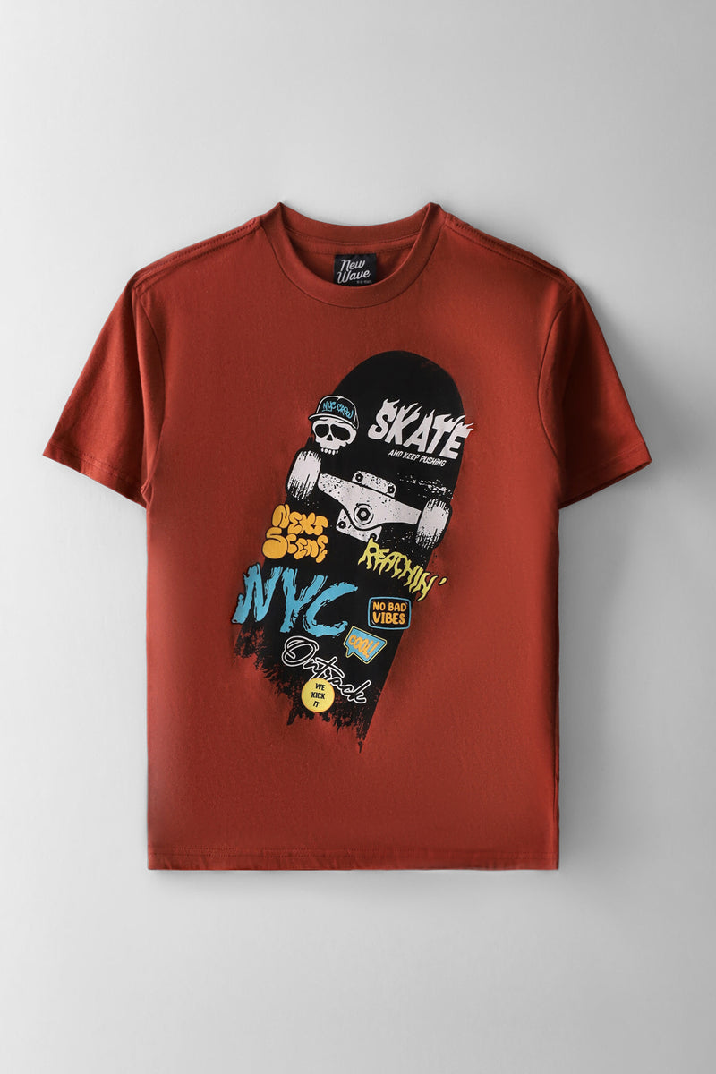 Boys Skateboard Print T-Shirt - Rust