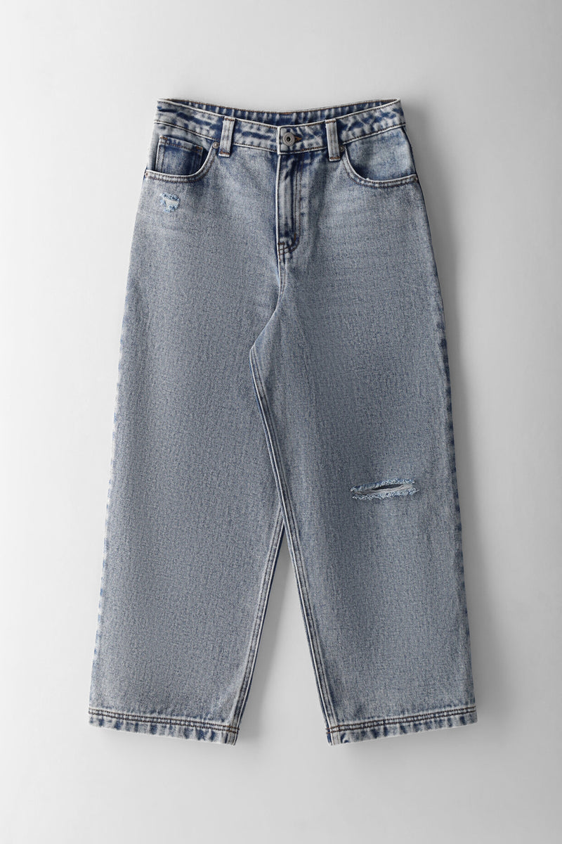 Boys Tinted Acid Wash Abraised Baggy Jean - Blue