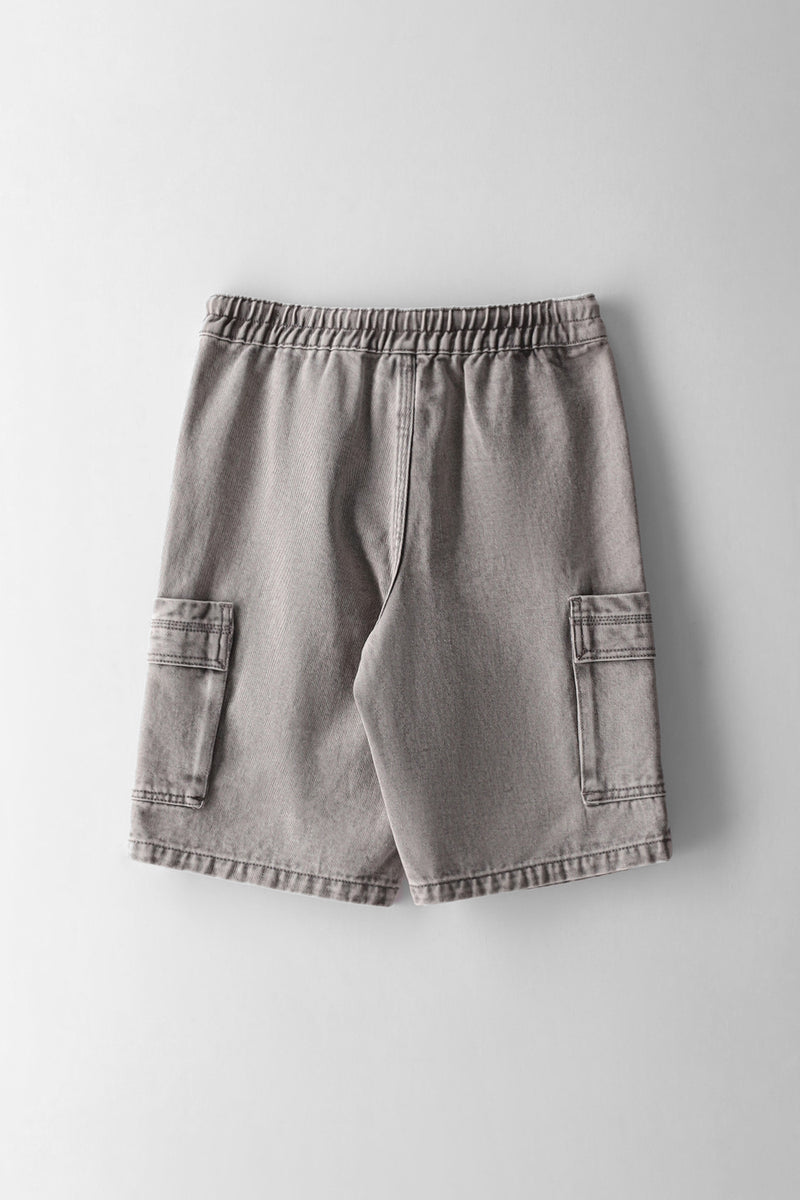Boys Acid Wash Cargo Denim Short - Grey