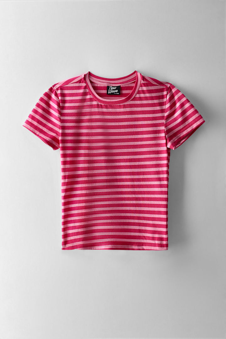 Girls Fitted 2 Tone Stripe Tee - Pink