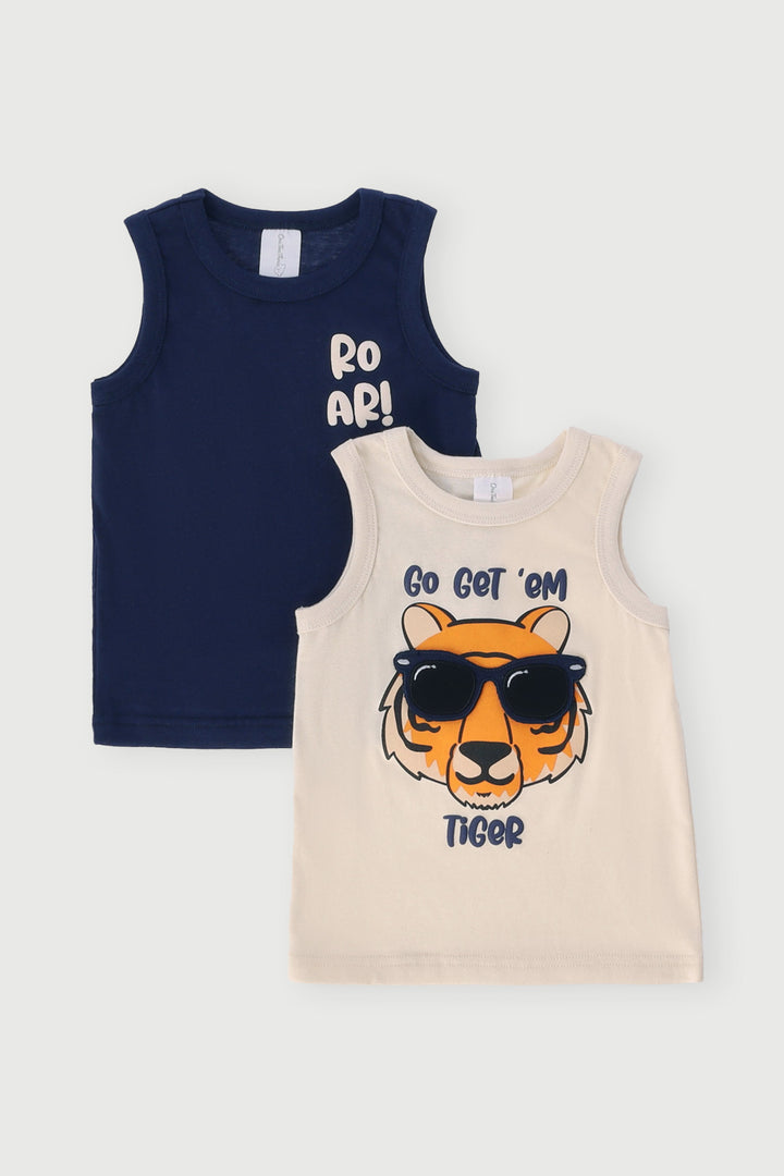 Baby Boys 2 Pack 3D Tiger Printed Vest - Cream/Green