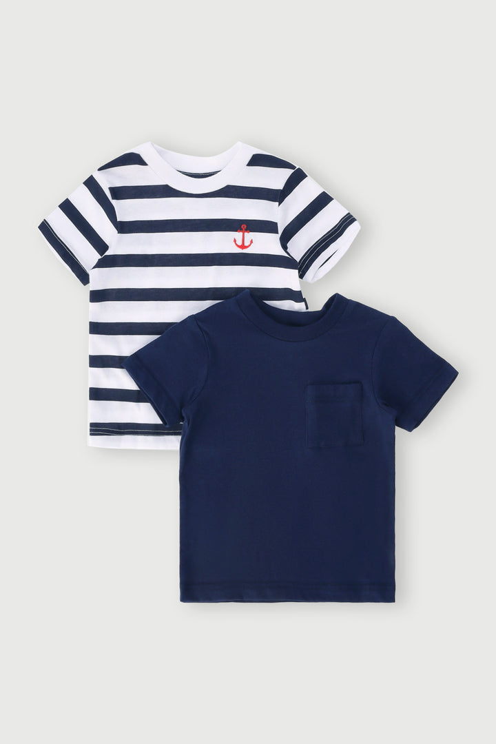Baby Boys 2 Pack Stripe & Pocket Tee - Navy/White