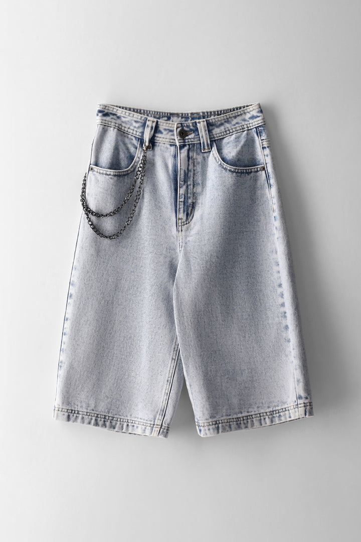 Boys Bleached Chain Baggy Denim Jort - Blue