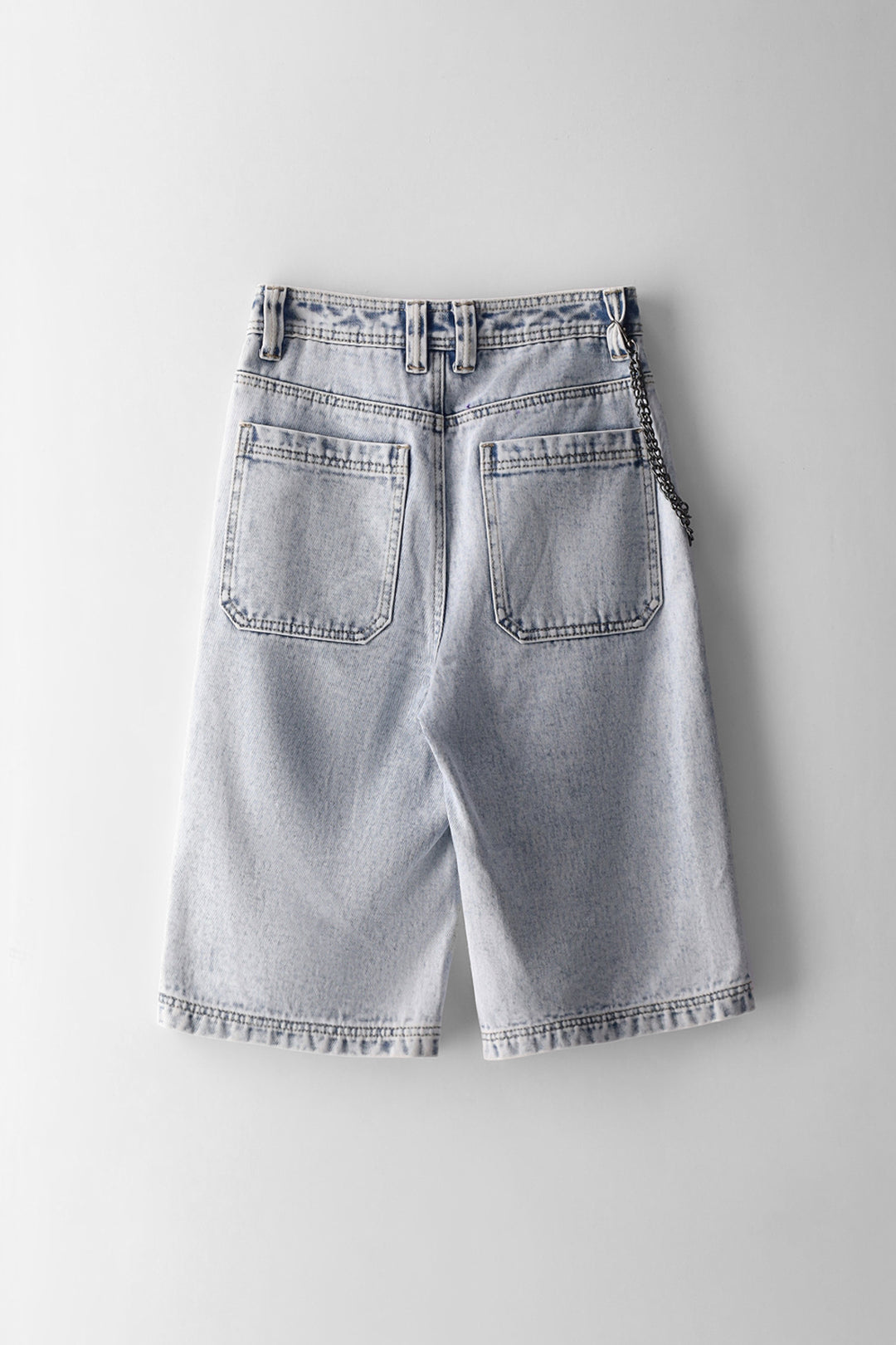 Boys Bleached Chain Baggy Denim Jort - Blue