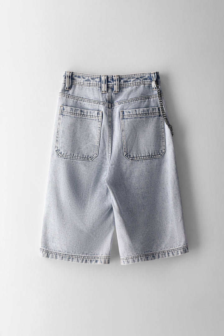 Boys Bleached Chain Baggy Denim Jort - Blue