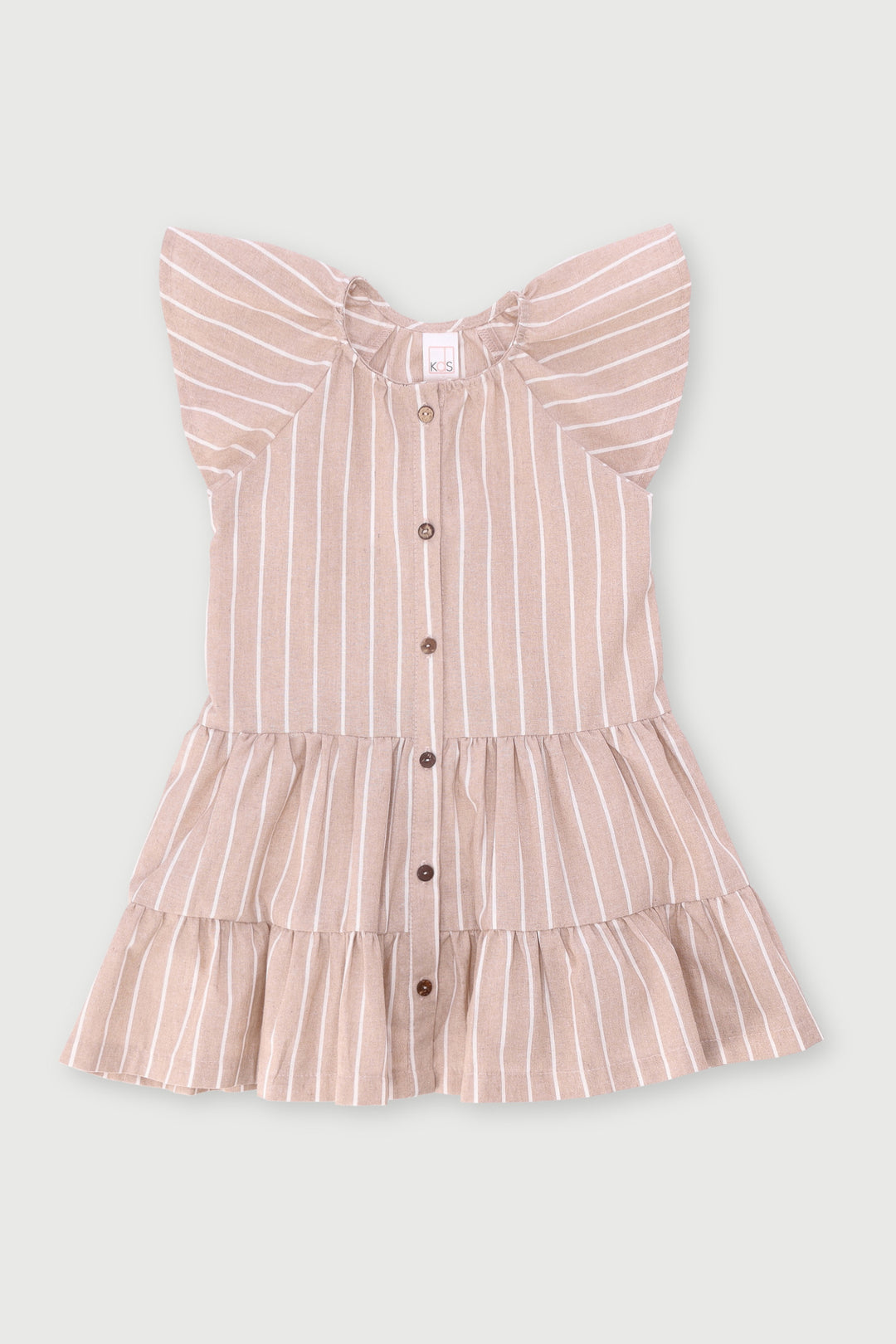 Pre-Girls Button Linen Stripe Dress - Stone