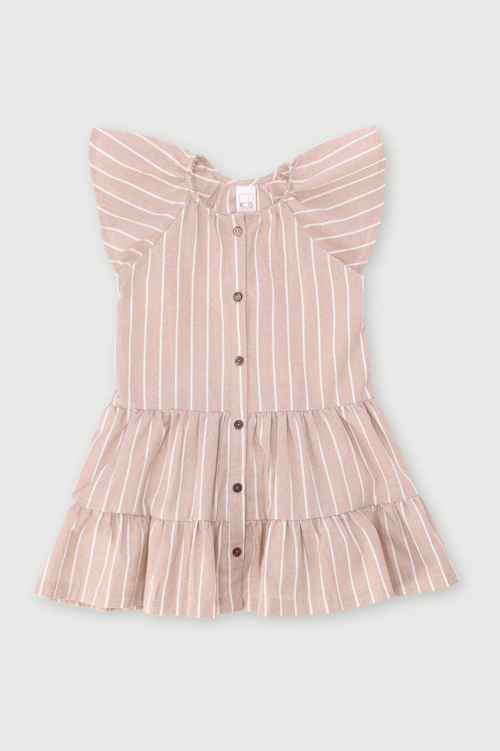 Pre-Girls Button Linen Stripe Dress - Stone