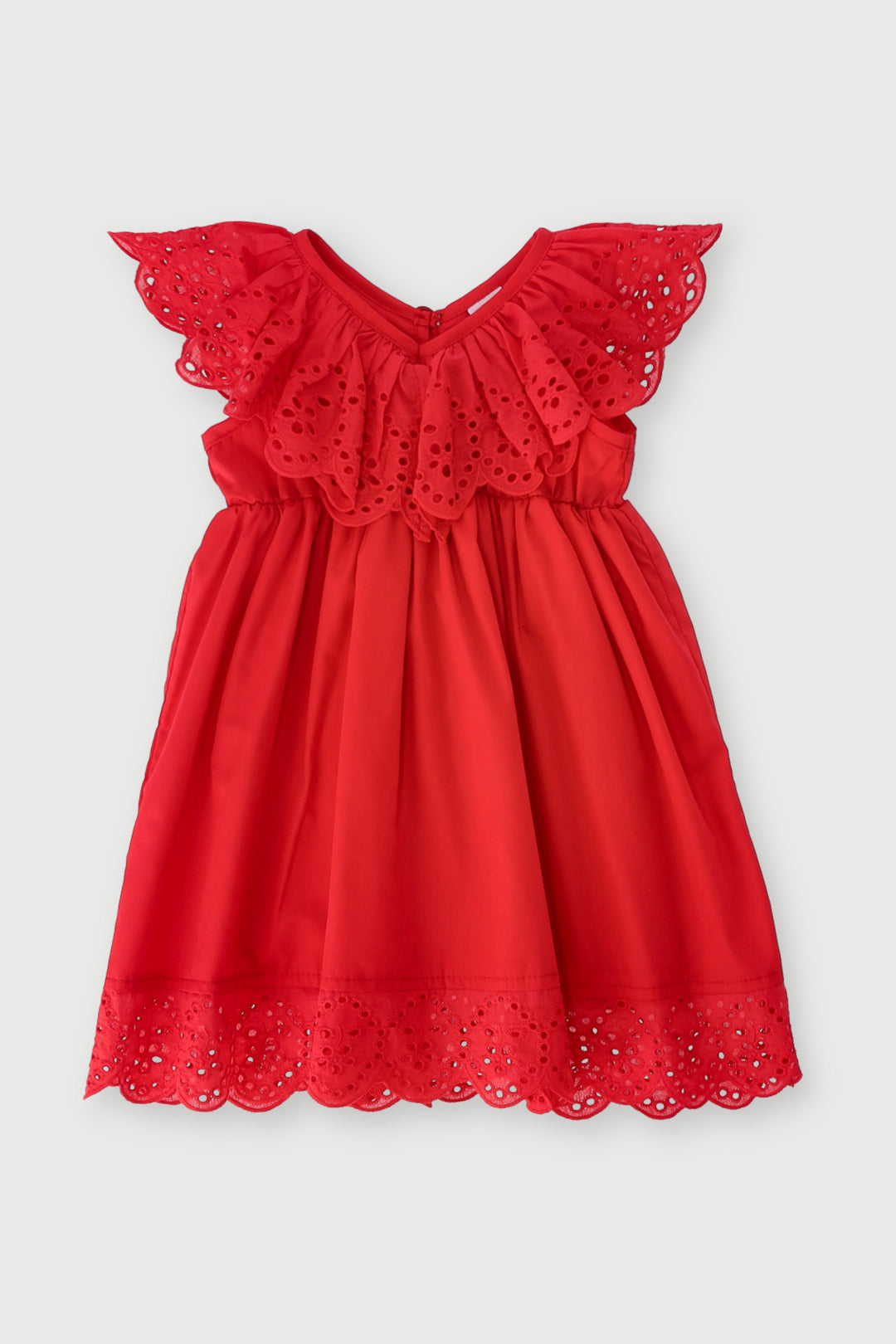 Pre-Girls Anglaise Lace Trim Dress - Red