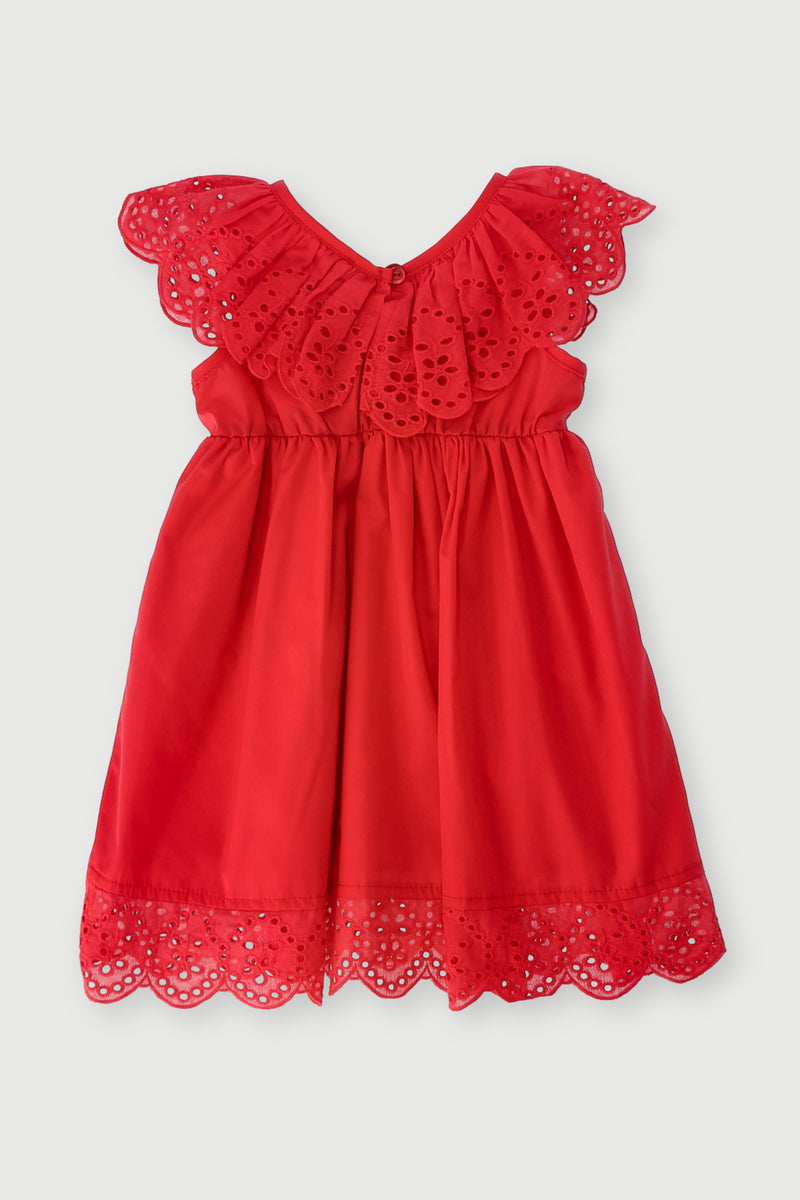 Pre-Girls Anglaise Lace Trim Dress - Red