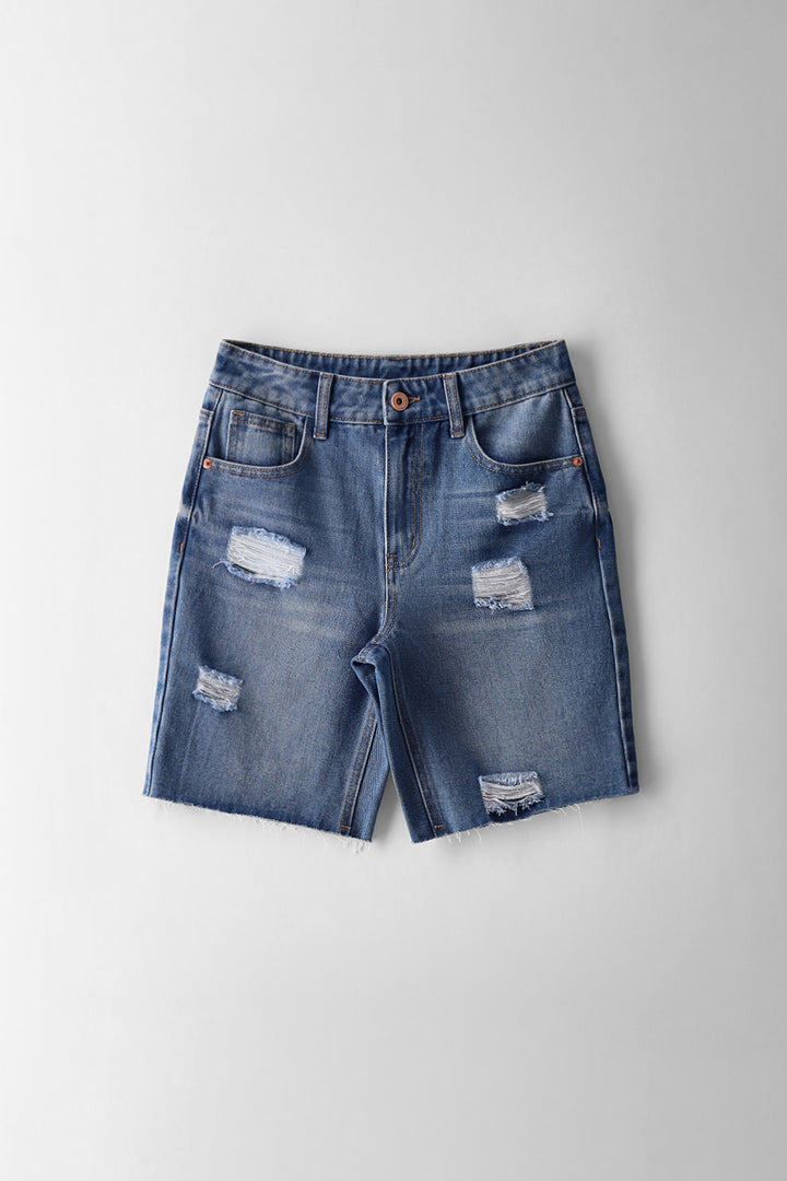 Boys Stonewash Abraised Denim Short - Blue