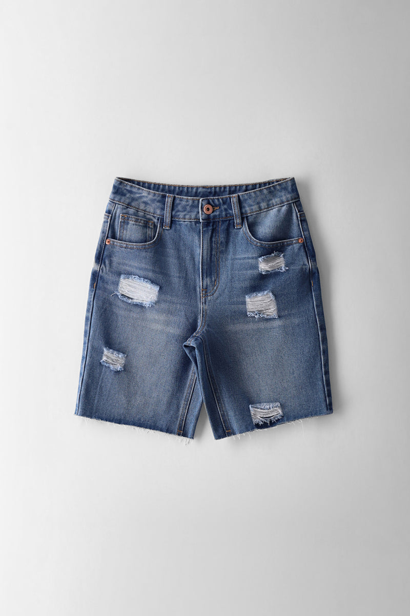 Boys Stonewash Abraised Denim Short - Blue