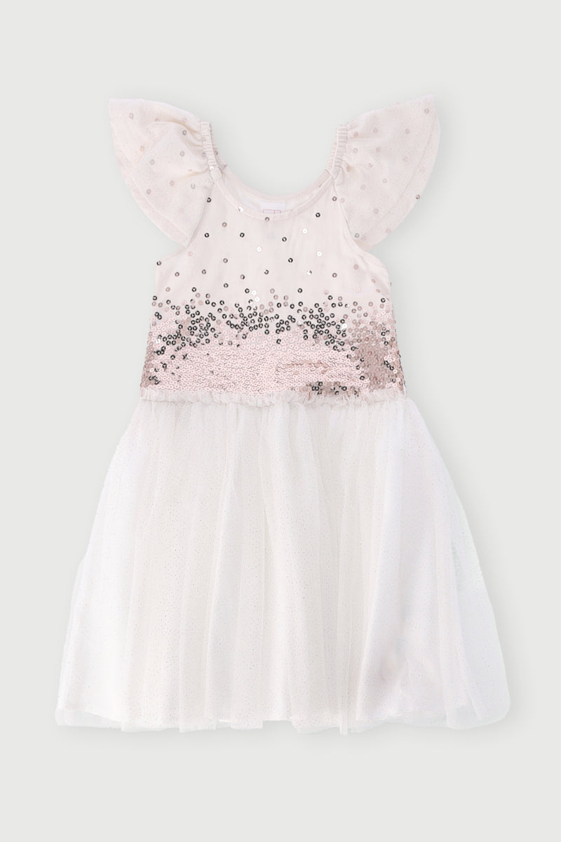 Pre-Girls Sequin Mesh Party Dress - Cream