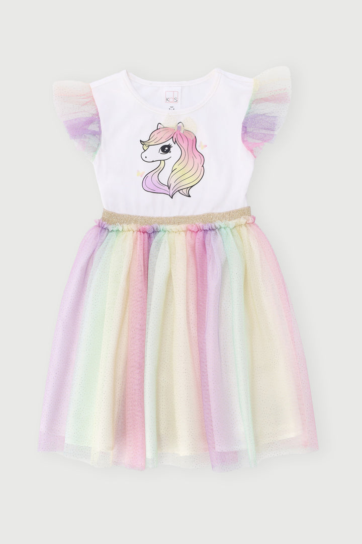 Pre-Girls Unicorn Party Dress - Cream