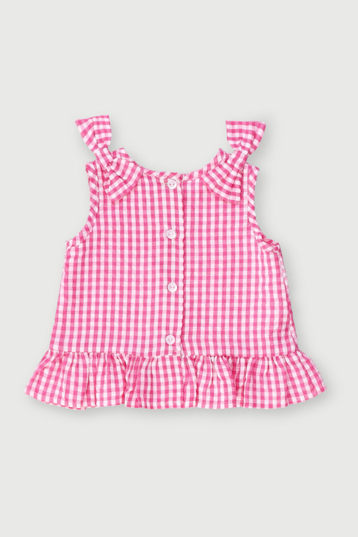 Baby Girls Woven Crinkle Cotton Gingham Top - Pink