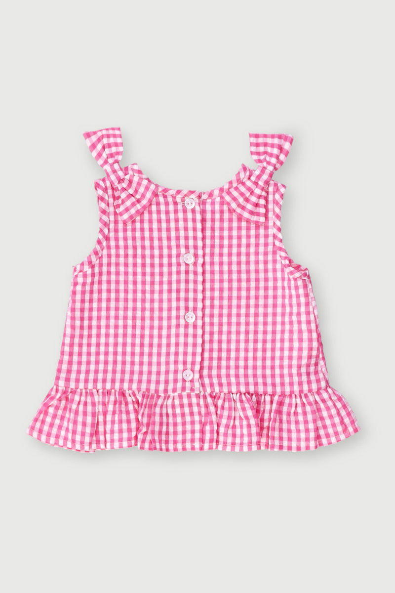Baby Girls Woven Crinkle Cotton Gingham Top - Pink