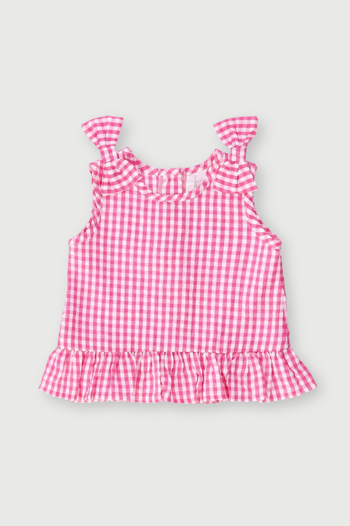 Baby Girls Woven Crinkle Cotton Gingham Top - Pink