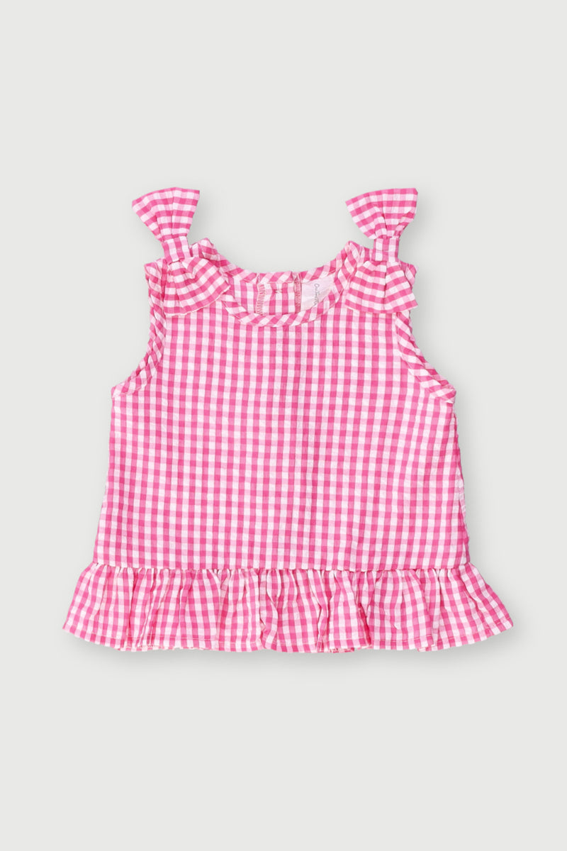 Baby Girls Woven Crinkle Cotton Gingham Top - Pink