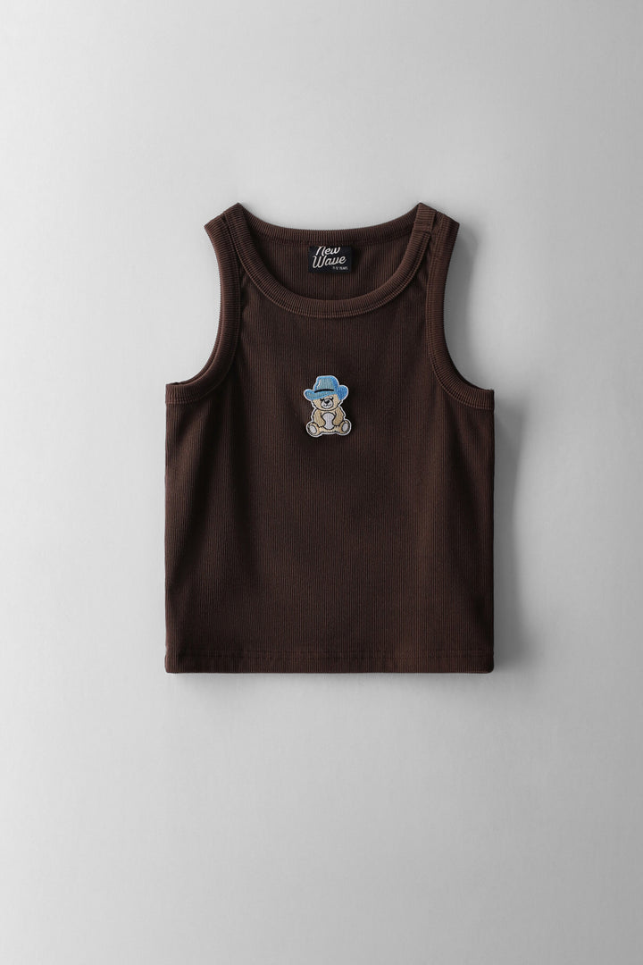 Girls Teddy Embroidered Vest - Chocolate