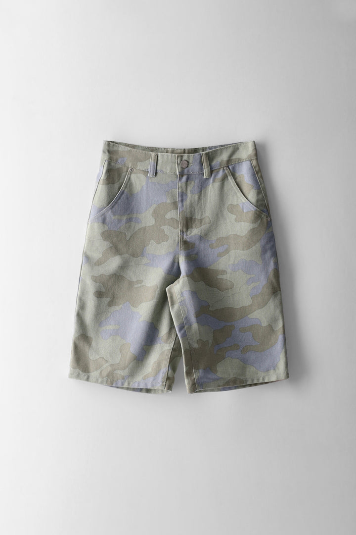 Boys Camo Print Denim Bermuda Short - Blue