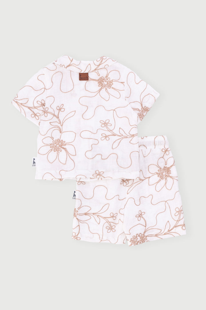 Keedo Baby Boys Leafy Embroidered Shirt & Short Set - Cream