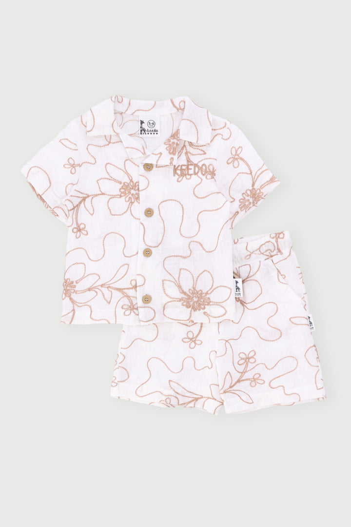 Keedo Baby Boys Leafy Embroidered Shirt & Short Set - Cream