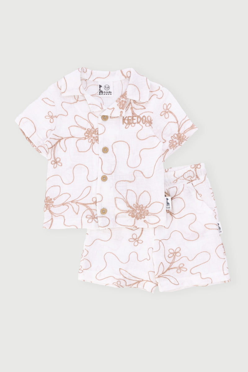 Keedo Baby Boys Leafy Embroidered Shirt & Short Set - Cream