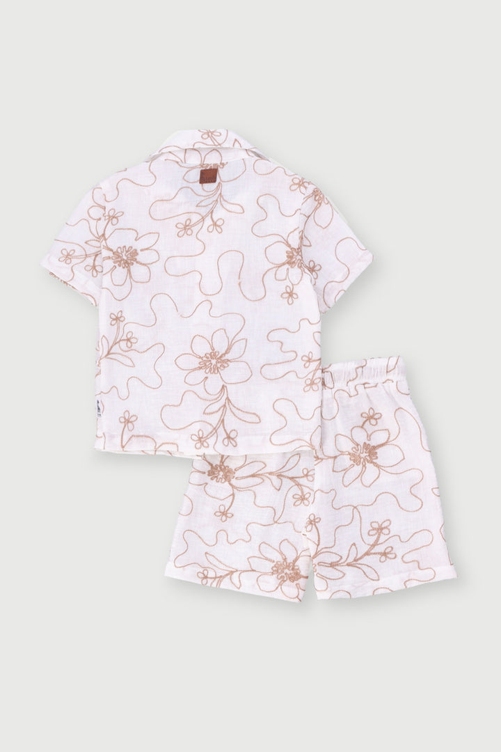 Keedo Boys Leafy Embroidered Shirt & Short Set - Cream