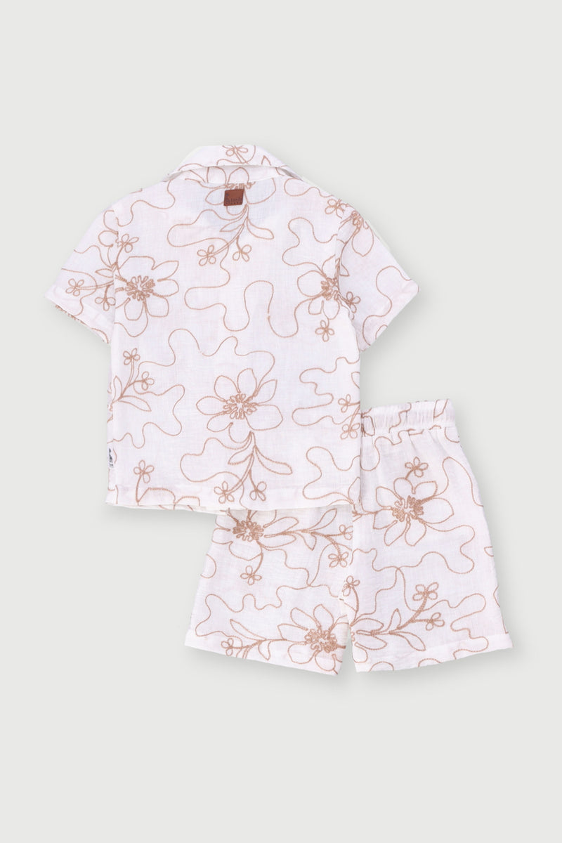 Keedo Boys Leafy Embroidered Shirt & Short Set - Cream