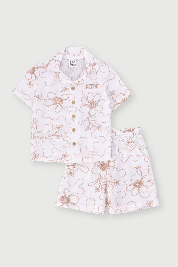 Keedo Boys Leafy Embroidered Shirt & Short Set - Cream