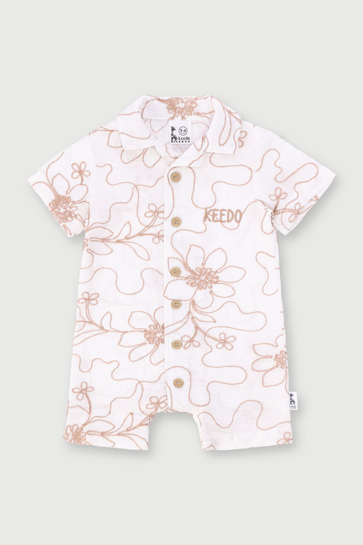 Keedo Baby Boys Leafy Embroidered Romper - Cream