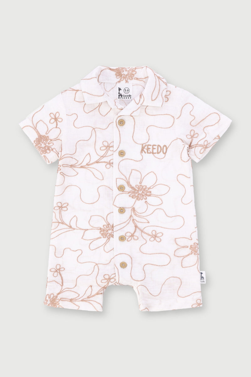 Keedo Baby Boys Leafy Embroidered Romper - Cream
