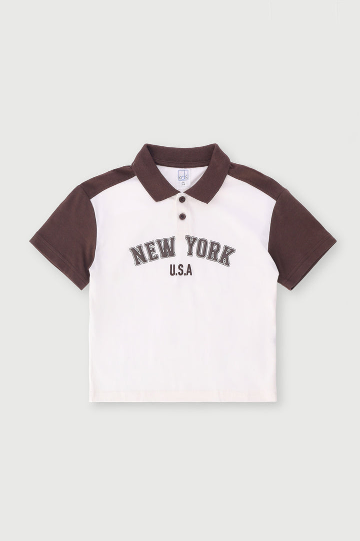 Pre-Boys Ny Embroidered Button Colourblock Golfer - Brown