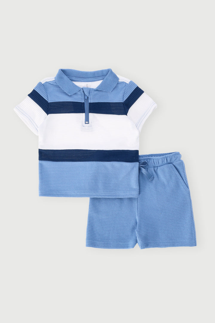 Baby Boys Quarter Zip Golfer Textured Set - Blue