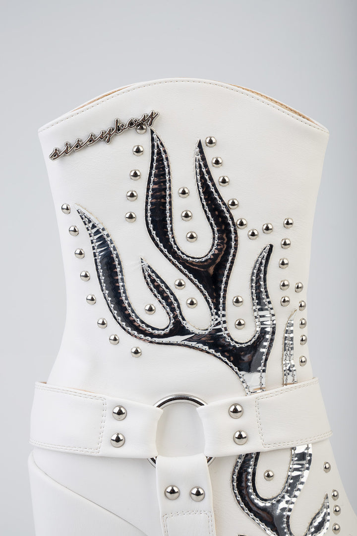 Western Flame Detail Western Boot - White
