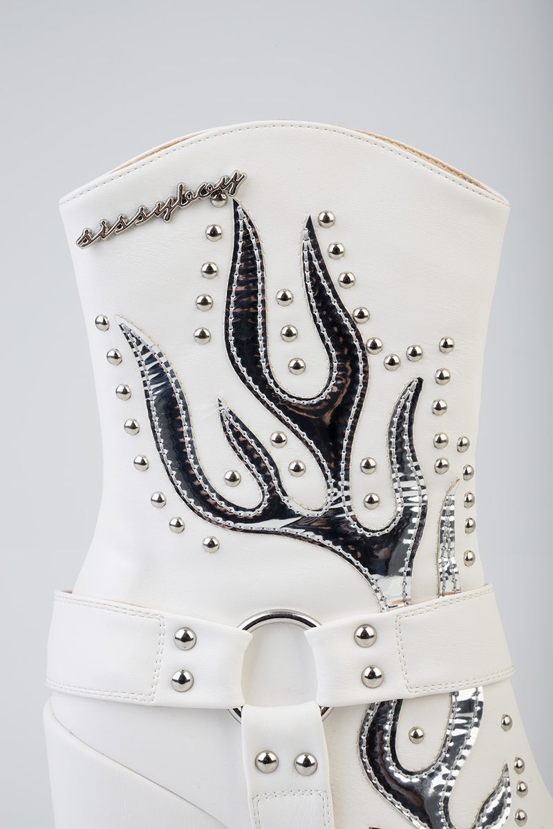 Western Flame Detail Western Boot - White