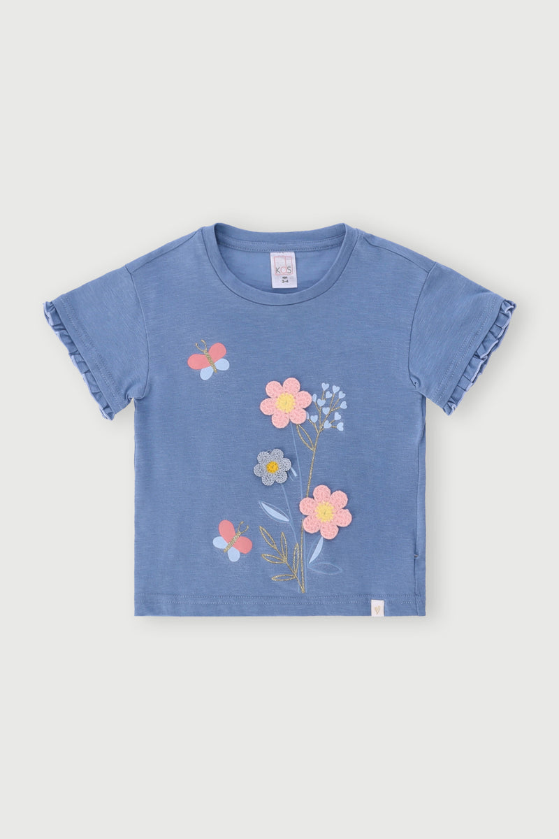 Pre-Girls Flower Applique Tee - Blue