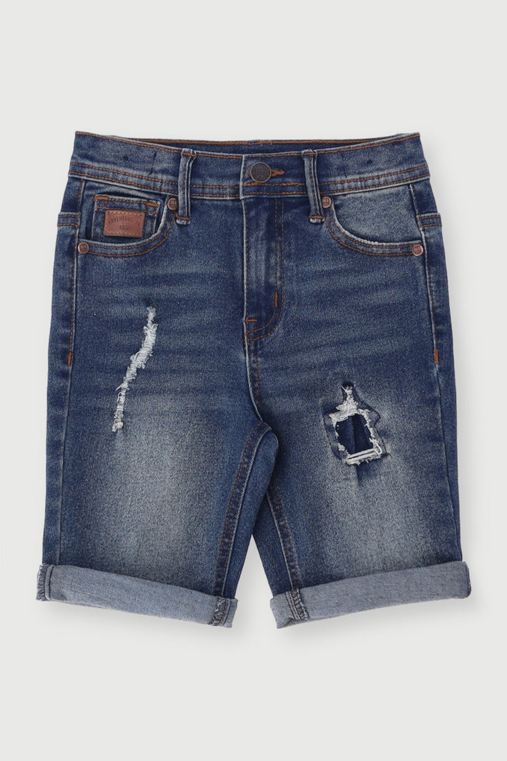 Pre-Boys Rip Denim Roll Up Shorts - Dark Blue