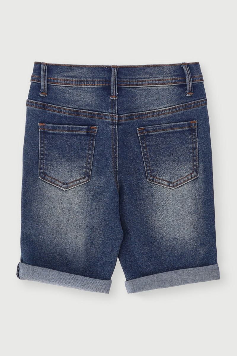 Pre-Boys Rip Denim Roll Up Shorts - Dark Blue