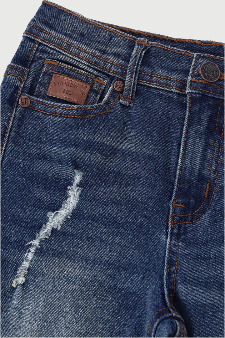 Pre-Boys Rip Denim Roll Up Shorts - Dark Blue