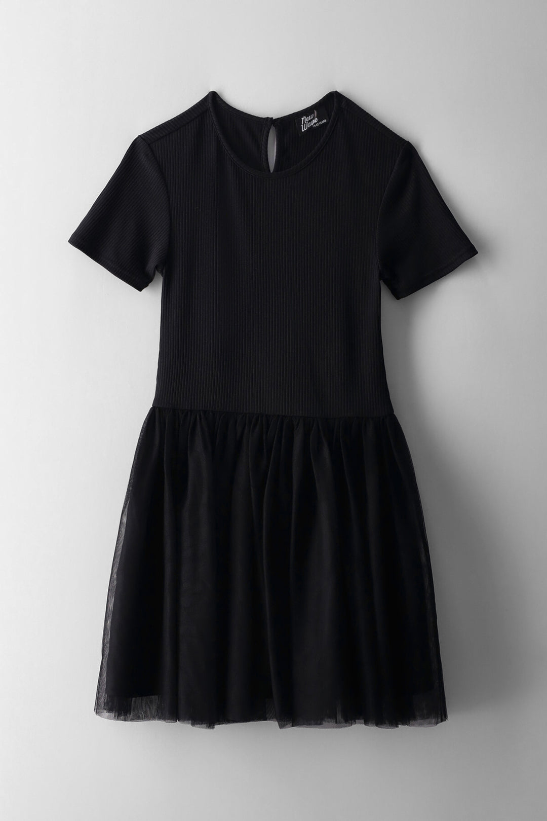 Girls Rib Mesh Combo Dress - Black