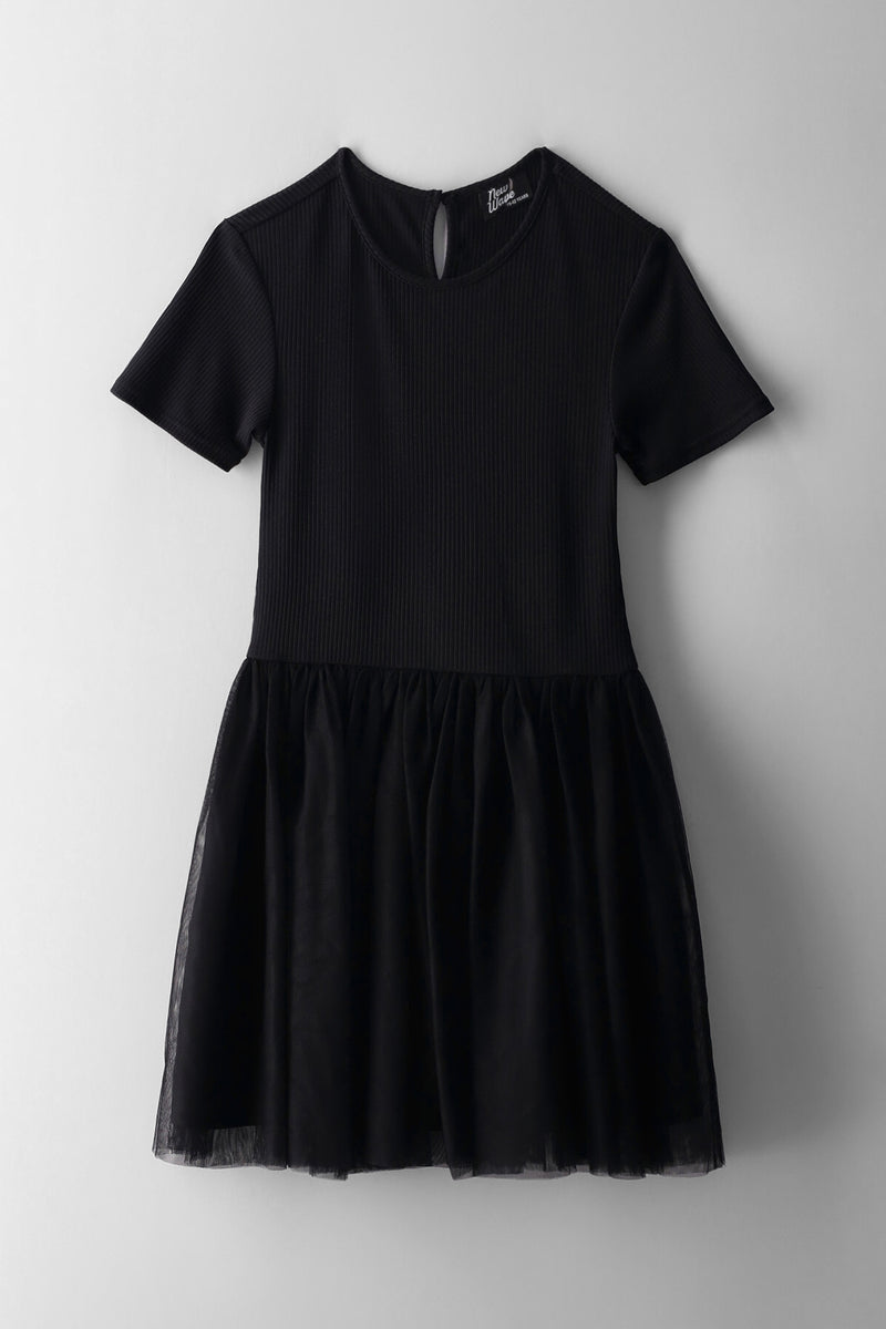 Girls Rib Mesh Combo Dress - Black