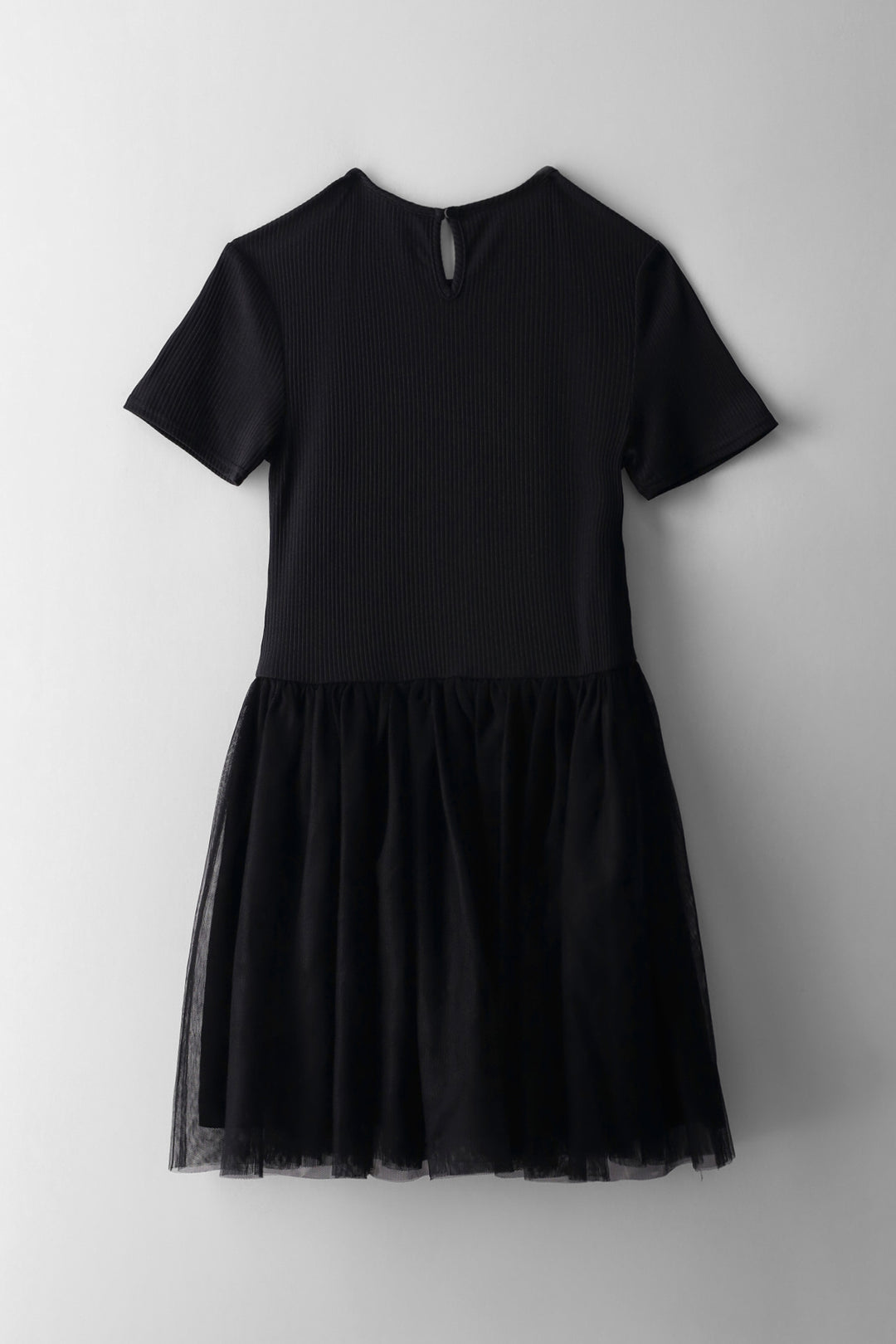 Girls Rib Mesh Combo Dress - Black