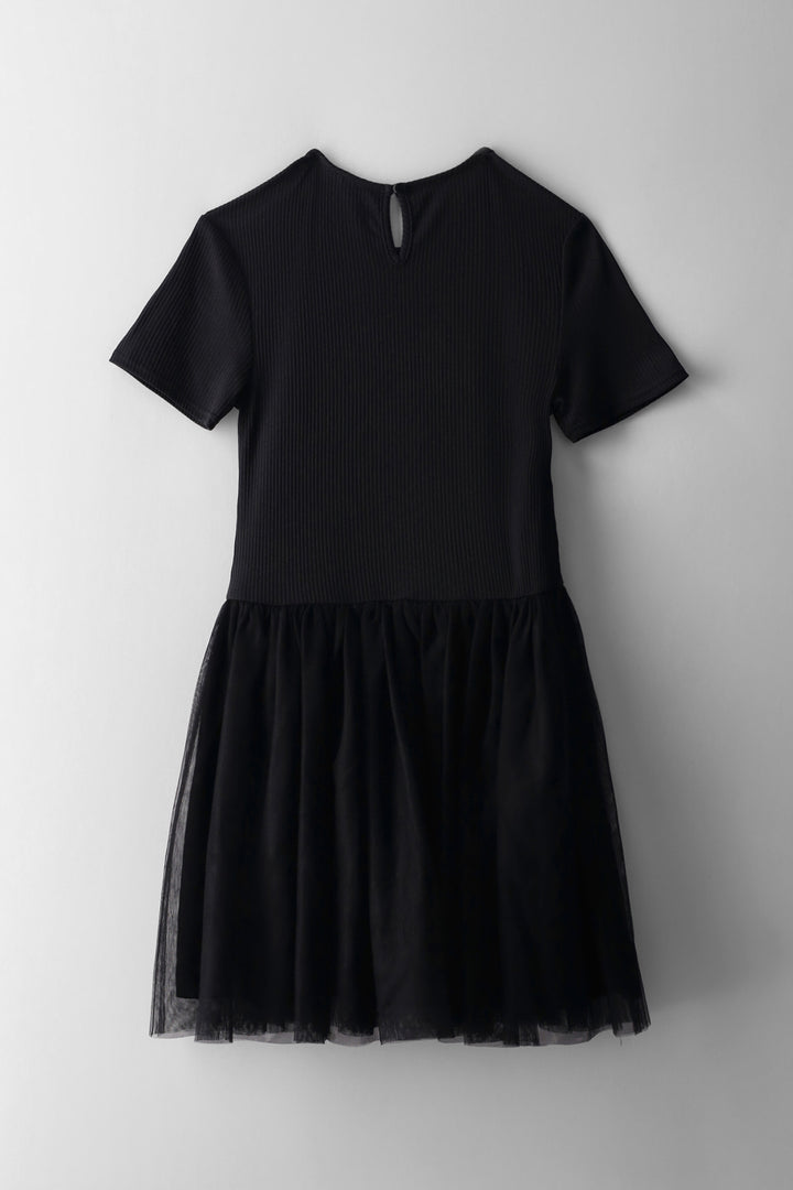 Girls Rib Mesh Combo Dress - Black