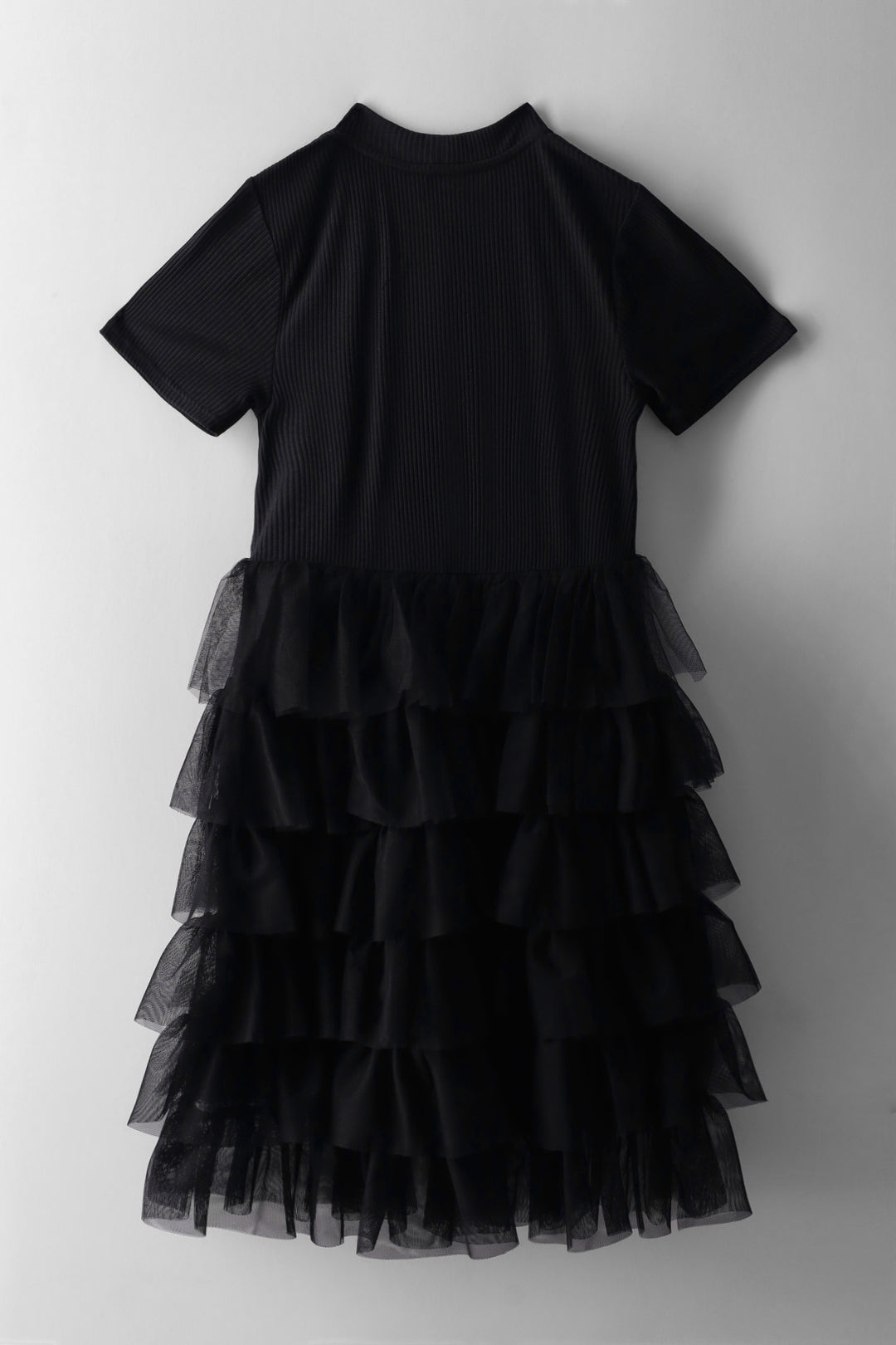 Girls Rib Mesh Combo Dress - Black