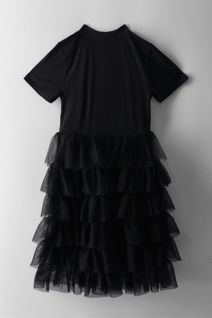 Girls Rib Mesh Combo Dress - Black