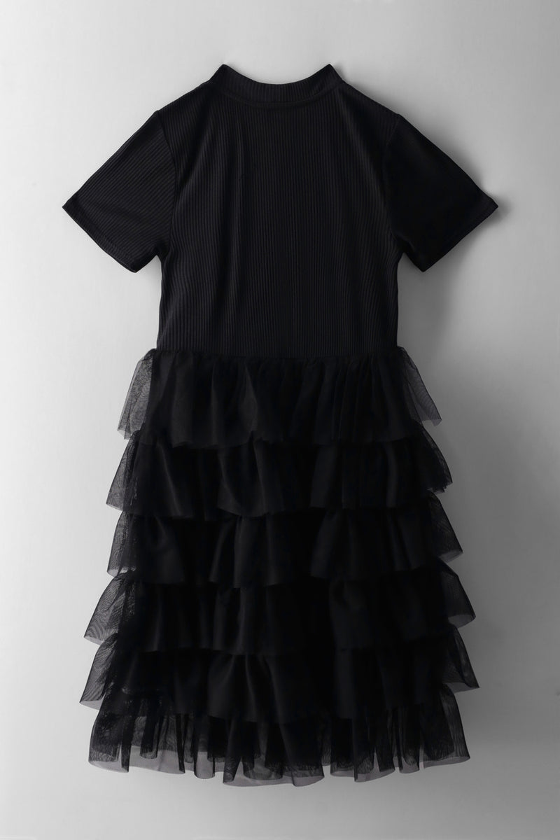Girls Rib Mesh Combo Dress - Black