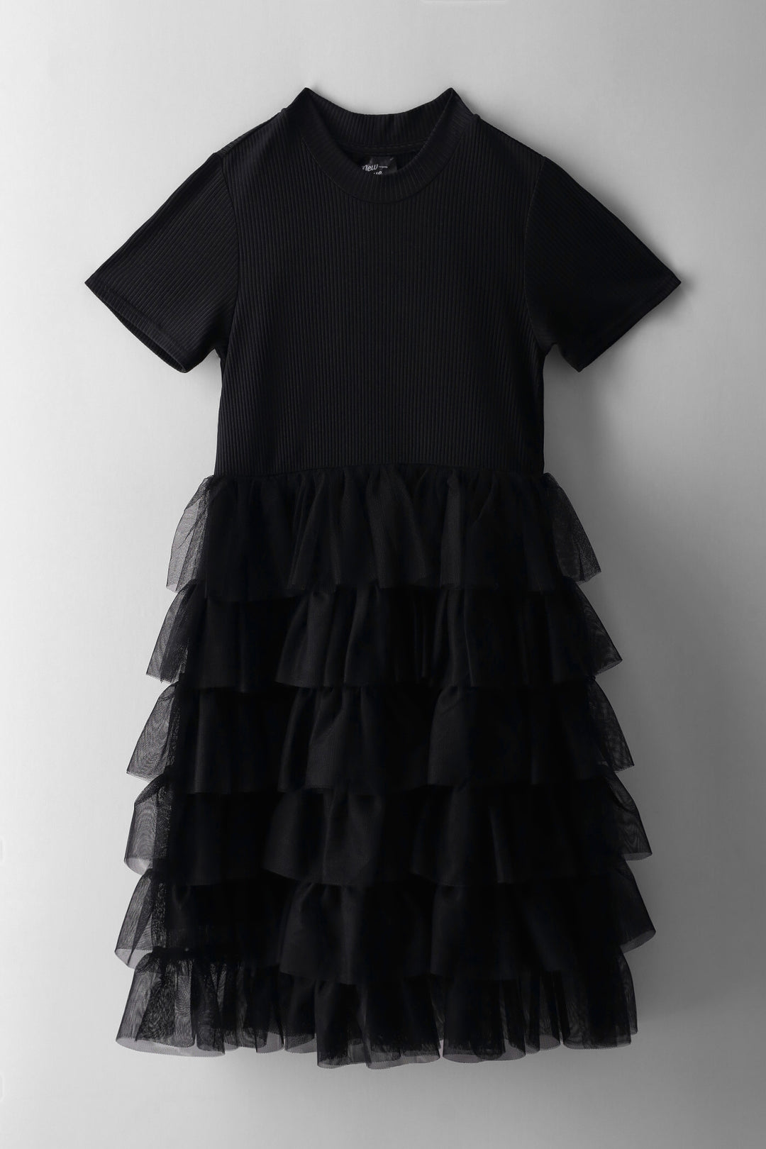 Girls Rib Mesh Combo Dress - Black