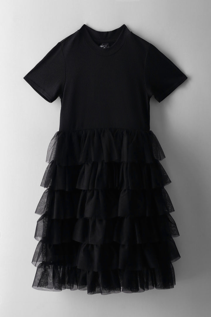 Girls Rib Mesh Combo Dress - Black