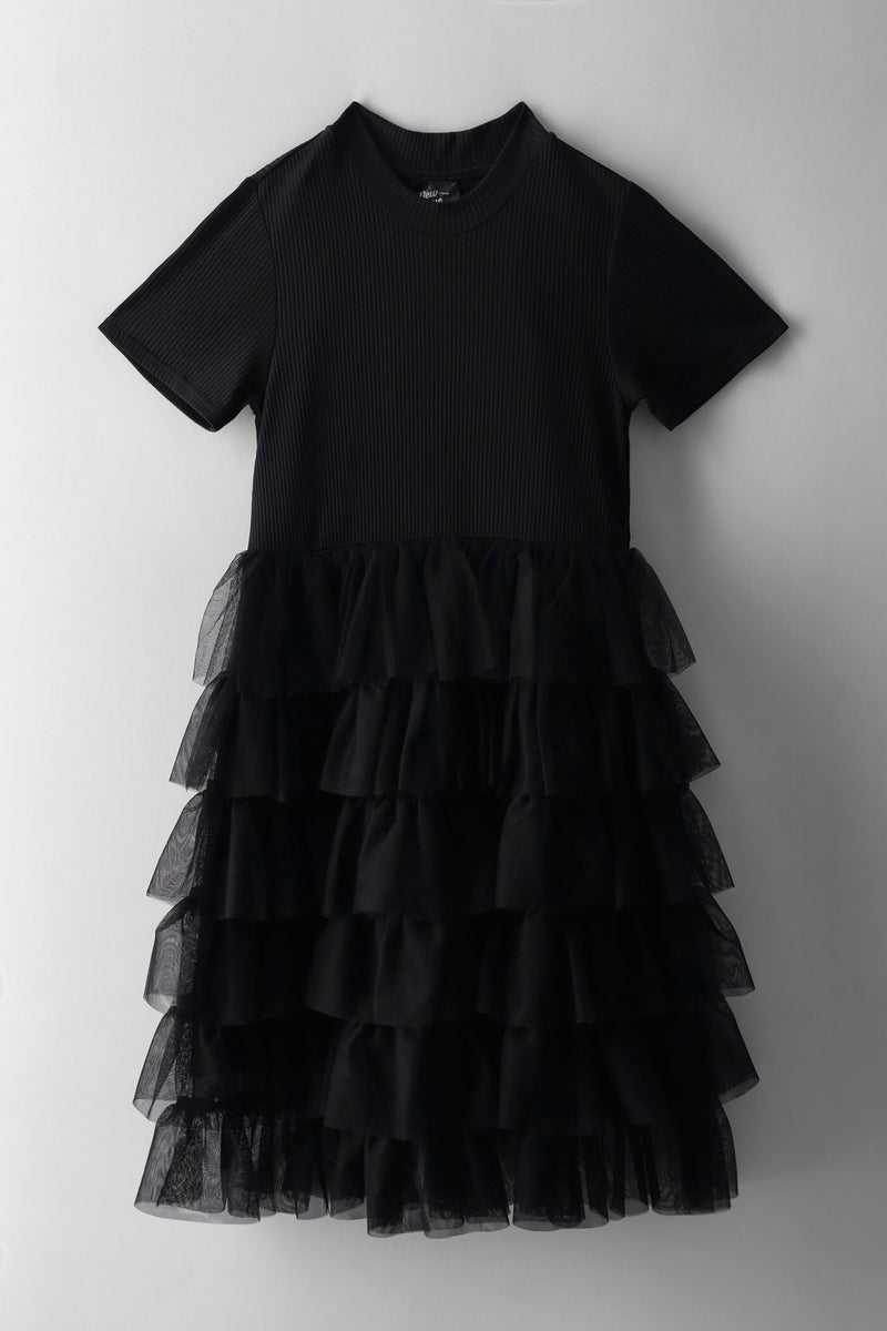 Girls Rib Mesh Combo Dress - Black