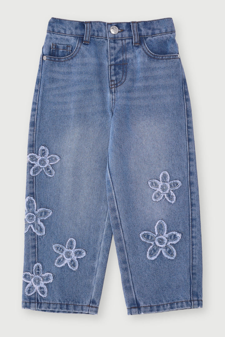 Pre-Girls Flower Applique Denim - Mid Blue